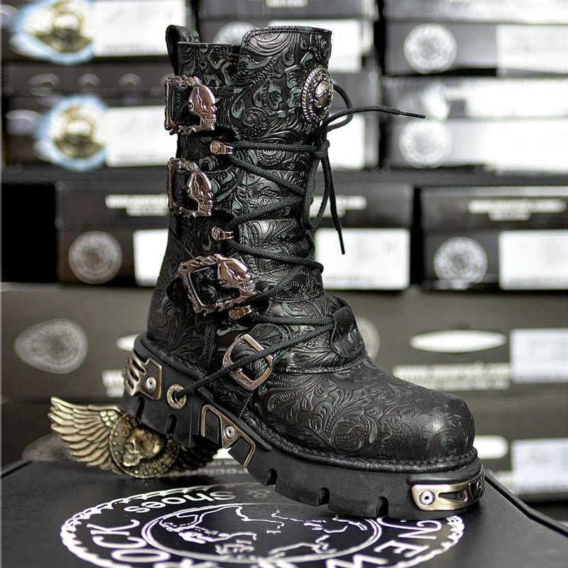 Genuine Leather Mid - Calf Motorcycle Boots Pattern Lace Up Round Toe Platform - LiveTrendsX