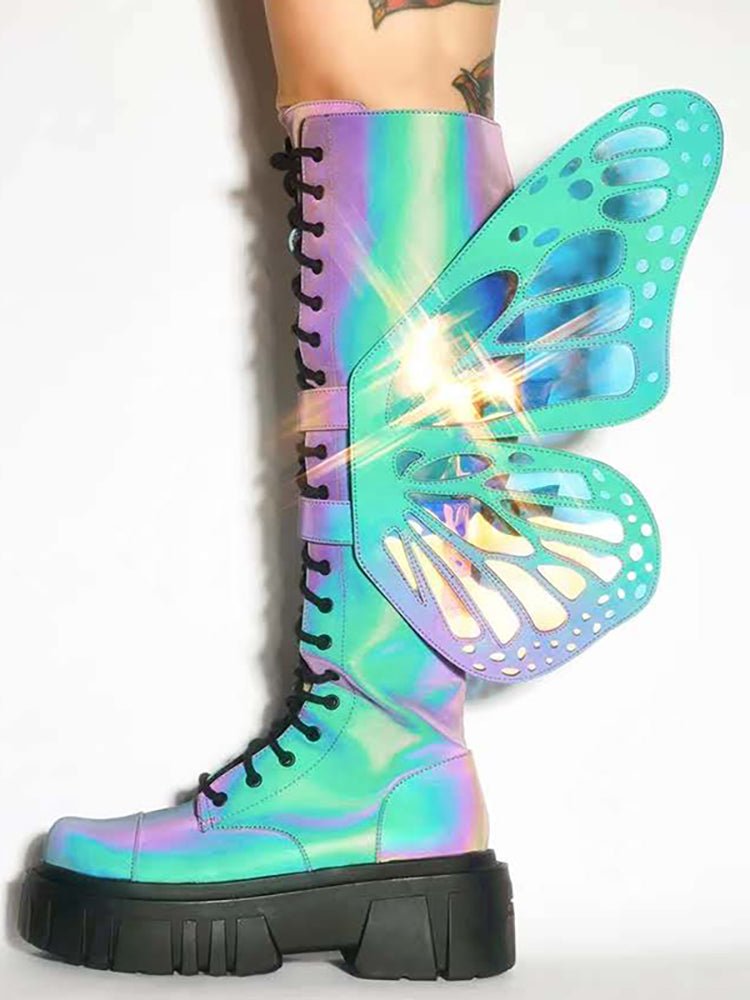 Holographic Winged Platform Boots – Bold & Futuristic - LiveTrendsX