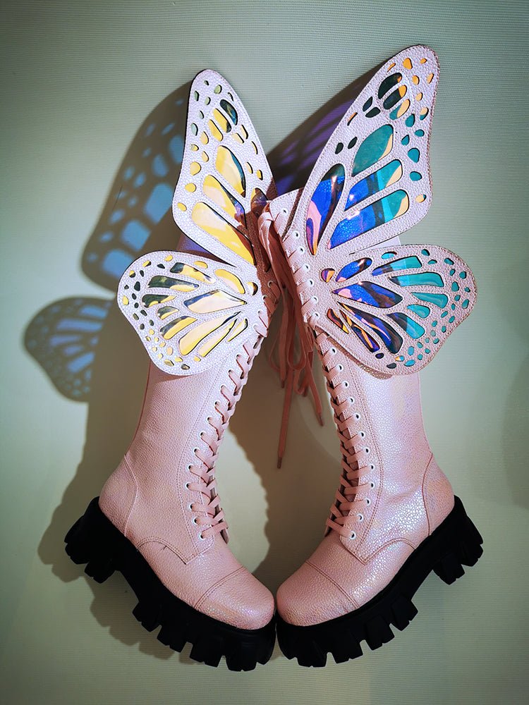 Holographic Winged Platform Boots – Bold & Futuristic - LiveTrendsX