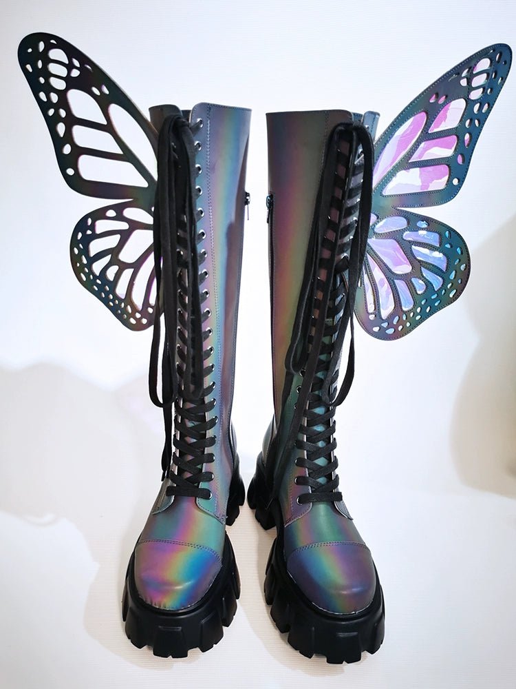 Holographic Winged Platform Boots – Bold & Futuristic - LiveTrendsX