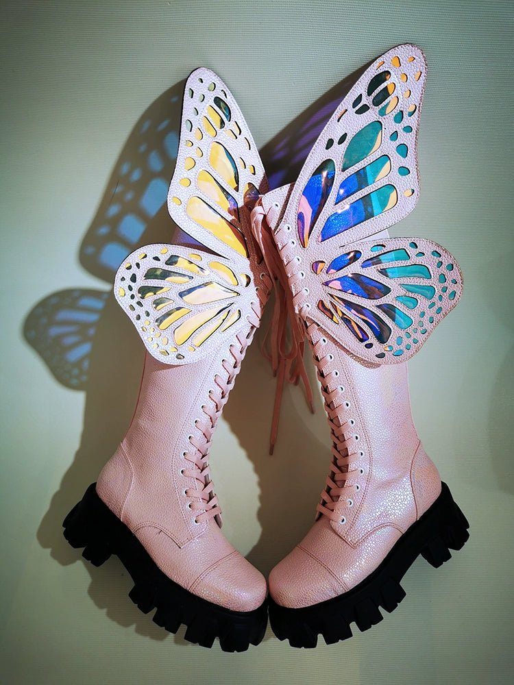 Holographic Winged Platform Boots – Bold & Futuristic - LiveTrendsX