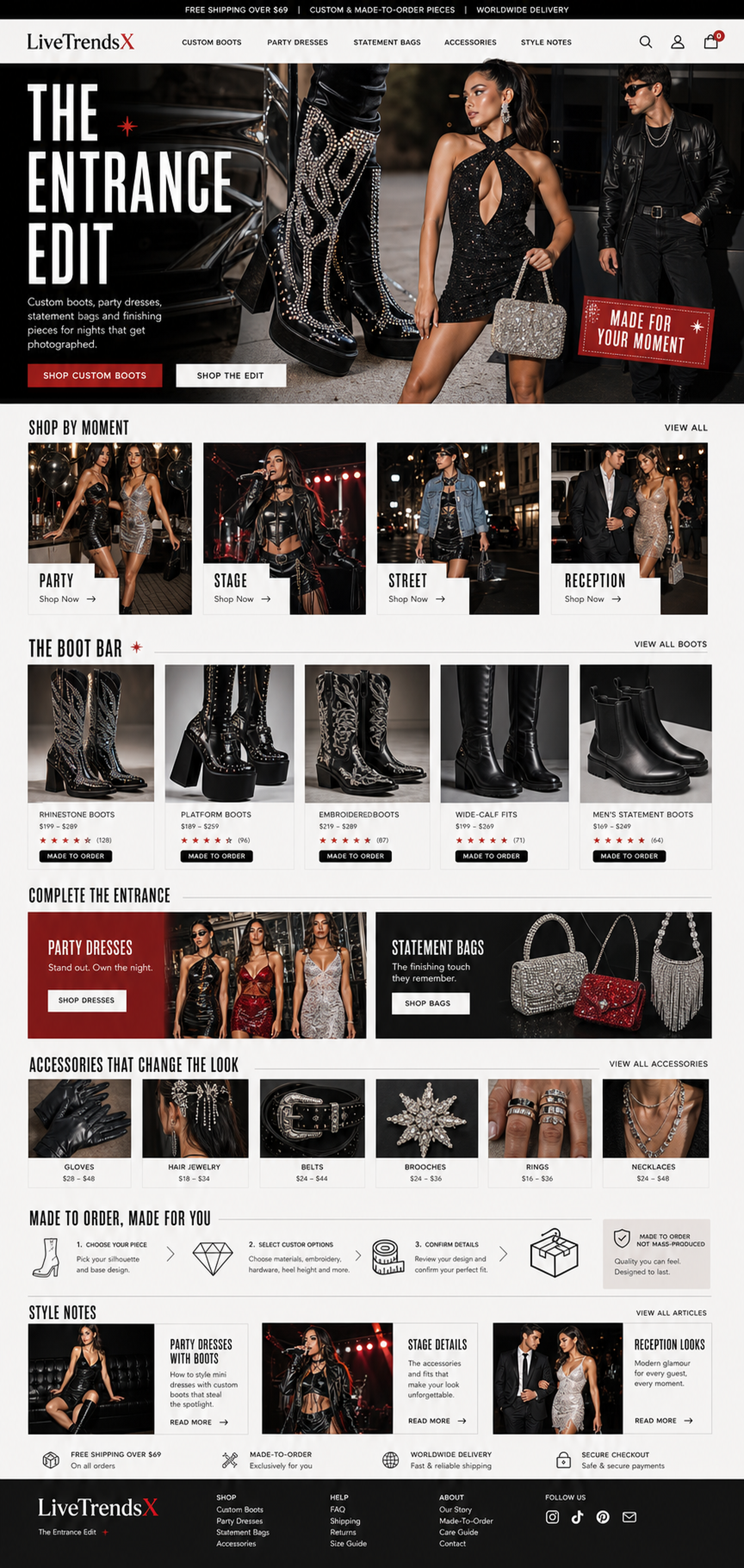 LiveTrendsX homepage concept showing The Entrance Edit, custom boots, party dresses, statement bags, accessories, made-to-order process, style notes, and footer
