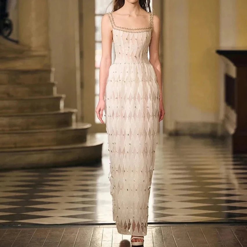 Luxury Crystal White Evening Dress Square Neckline Gown - LiveTrendsX