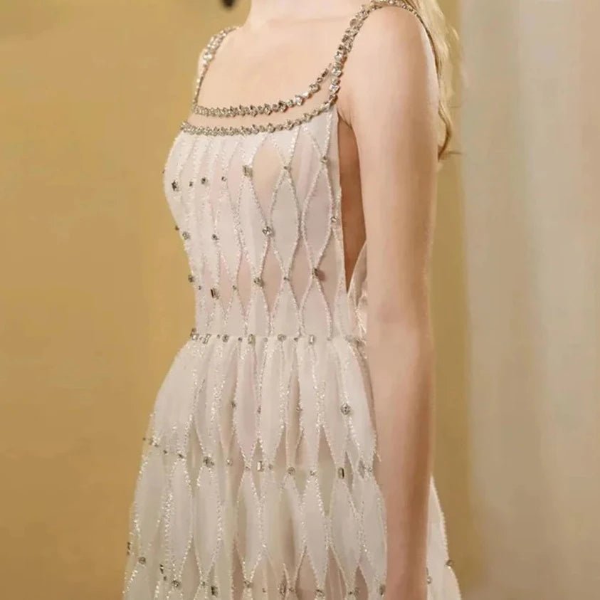 Luxury Crystal White Evening Dress Square Neckline Gown - LiveTrendsX