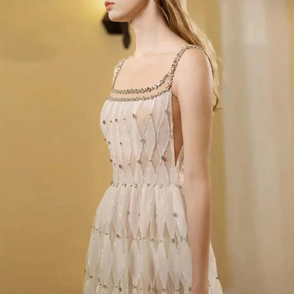 Luxury Crystal White Evening Dress Square Neckline Gown - LiveTrendsX