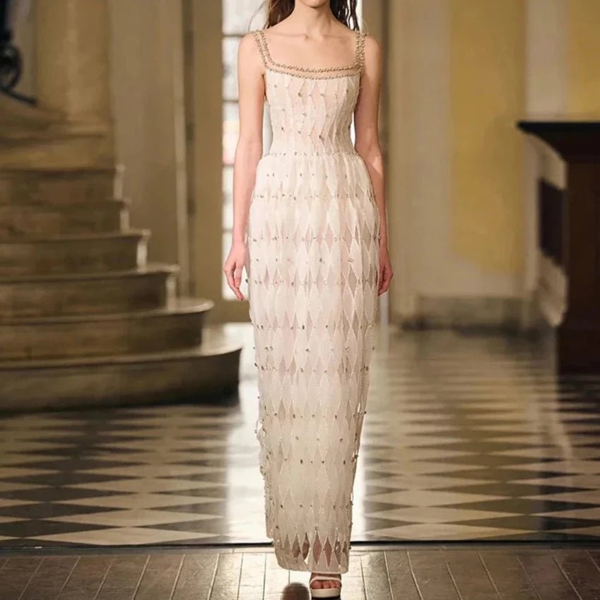 Luxury Crystal White Evening Dress Square Neckline Gown - LiveTrendsX