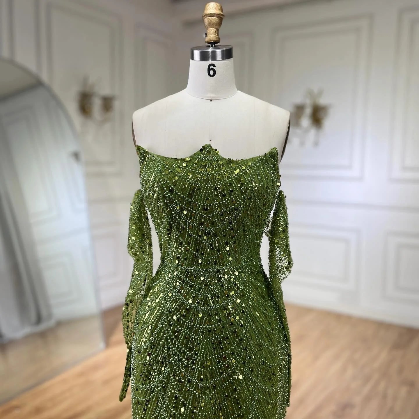 Luxury Olive Green Beaded Mermaid Evening Dress For Women Party Gown - LiveTrendsX