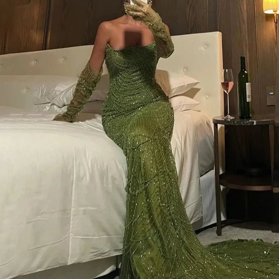 Luxury Olive Green Beaded Mermaid Evening Dress For Women Party Gown - LiveTrendsX