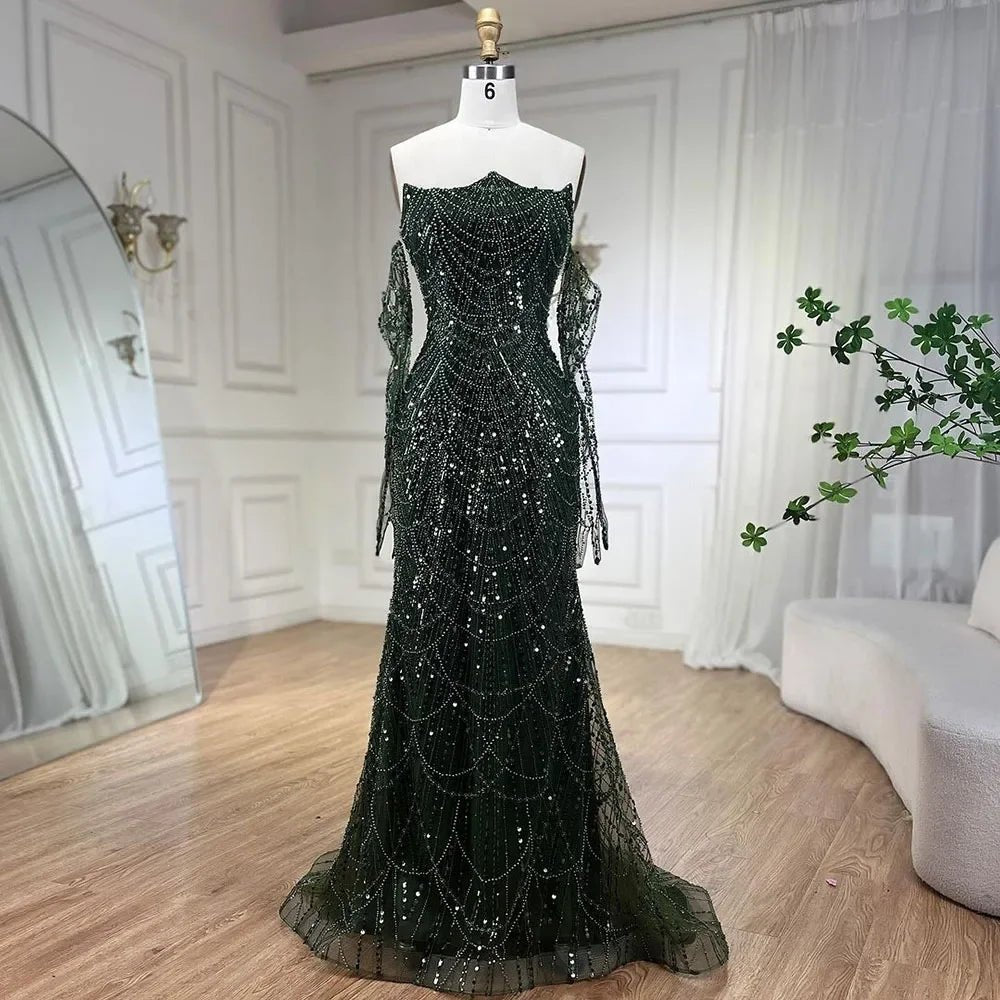 Luxury Olive Green Beaded Mermaid Evening Dress For Women Party Gown - LiveTrendsX