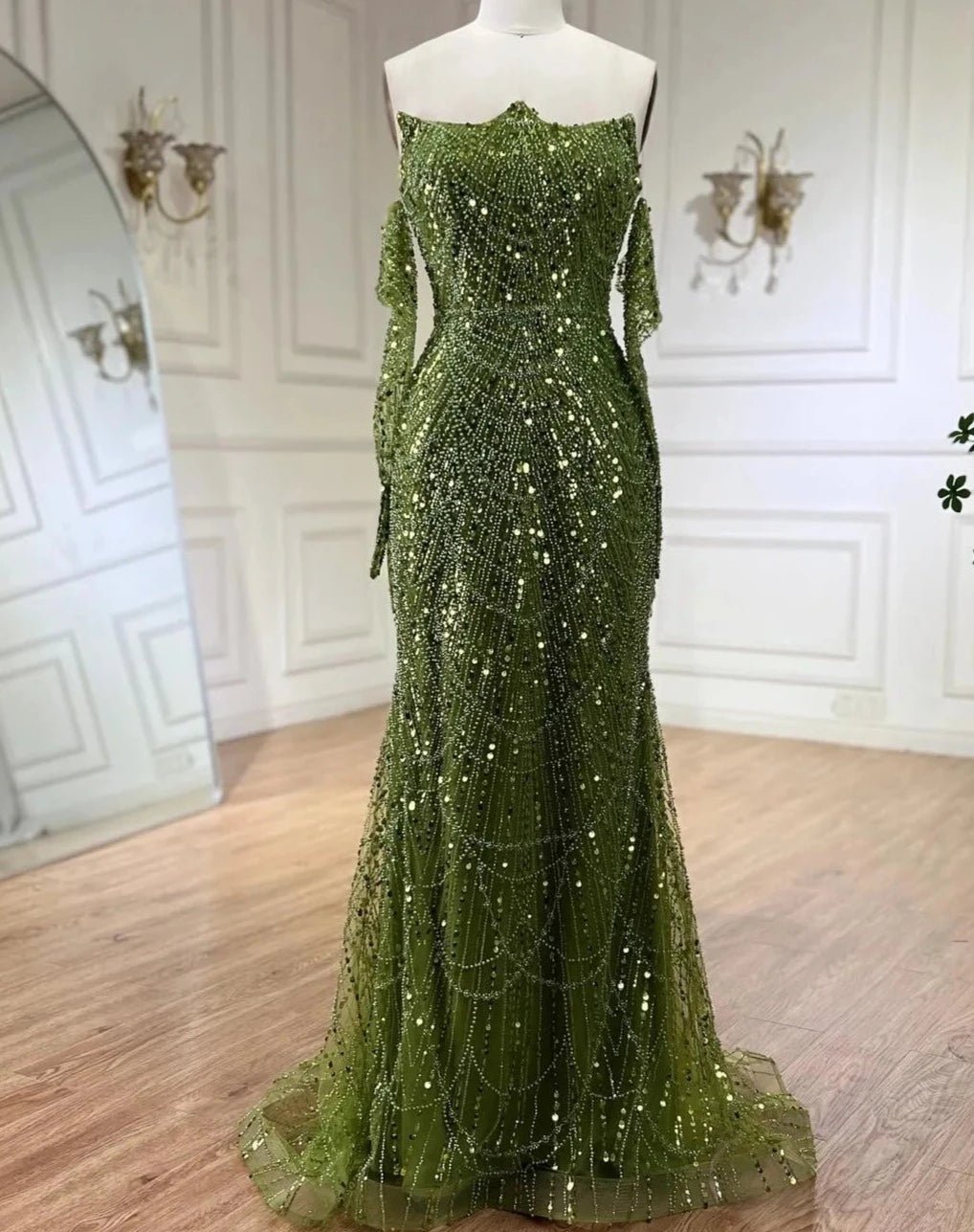 Luxury Olive Green Beaded Mermaid Evening Dress For Women Party Gown - LiveTrendsX