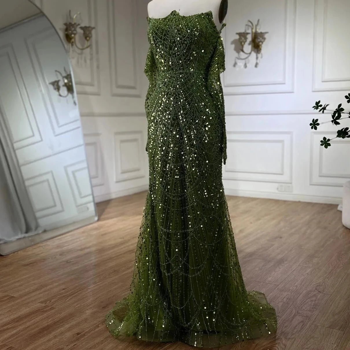 Luxury Olive Green Beaded Mermaid Evening Dress For Women Party Gown - LiveTrendsX