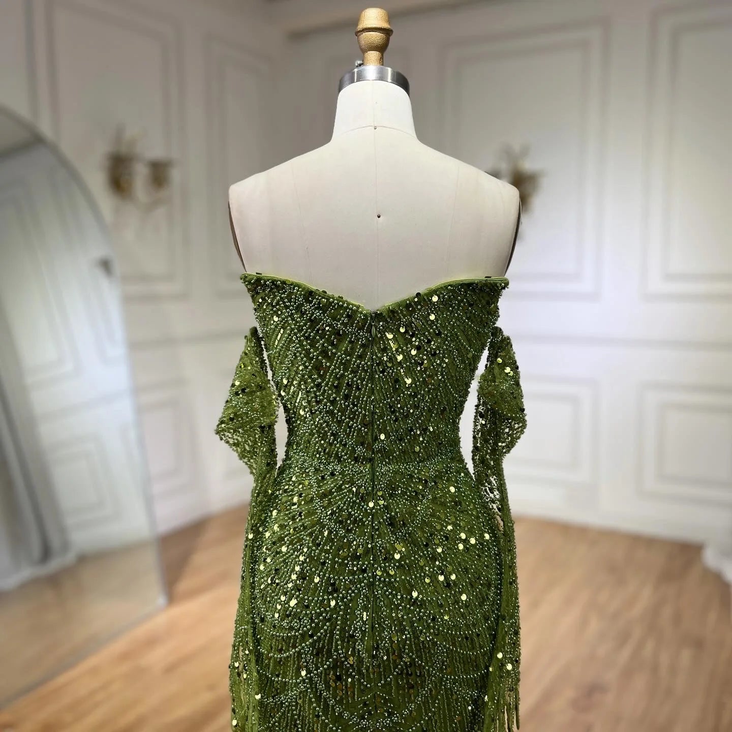 Luxury Olive Green Beaded Mermaid Evening Dress For Women Party Gown - LiveTrendsX