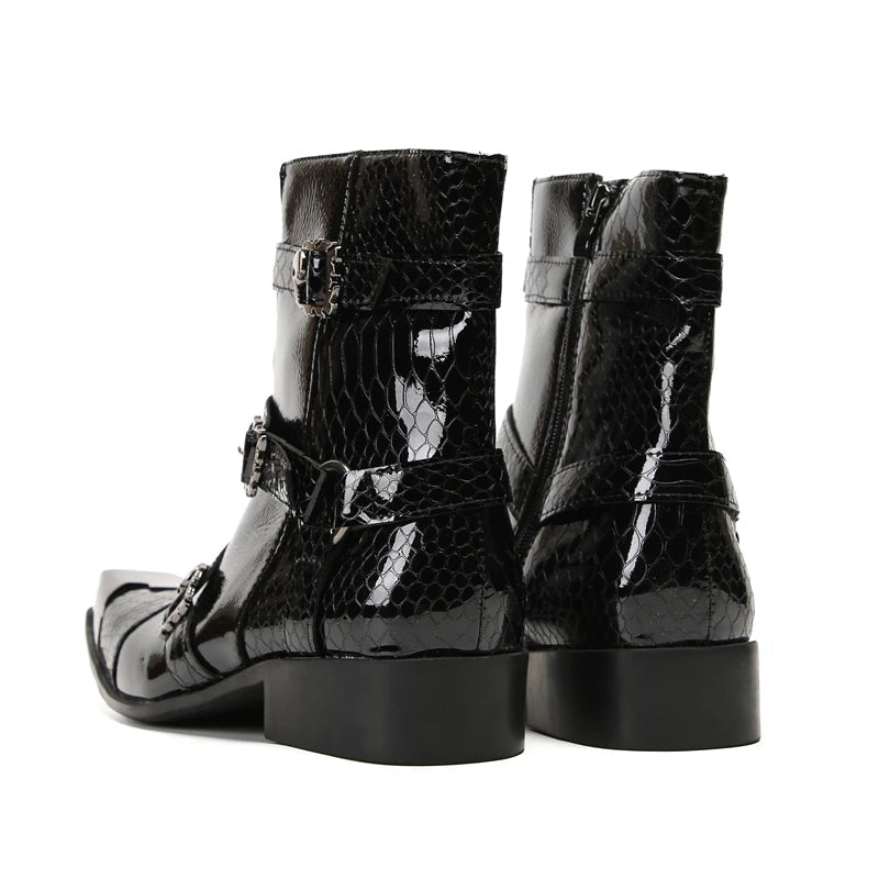 Man's Black Square Iron Metal Toe Belt Buckles Med Heels Height Increasing Ankle Boots - LiveTrendsX