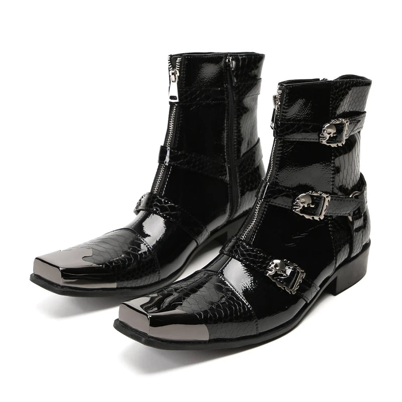Man's Black Square Iron Metal Toe Belt Buckles Med Heels Height Increasing Ankle Boots - LiveTrendsX