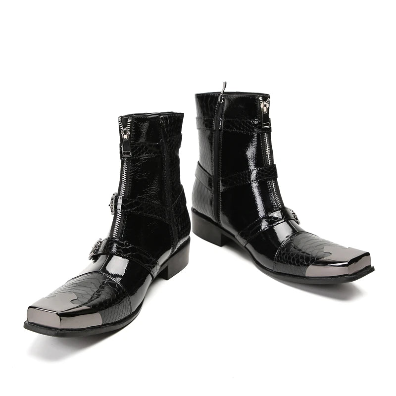 Man's Black Square Iron Metal Toe Belt Buckles Med Heels Height Increasing Ankle Boots - LiveTrendsX