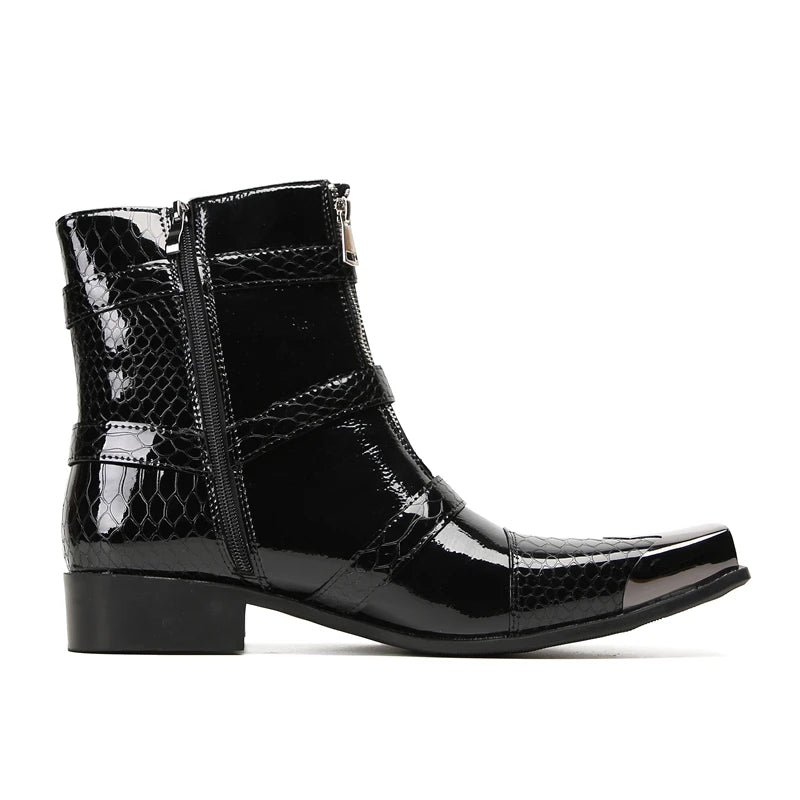 Man's Black Square Iron Metal Toe Belt Buckles Med Heels Height Increasing Ankle Boots - LiveTrendsX