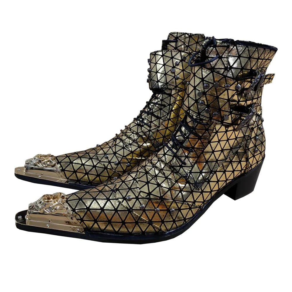 Men's Customized Cowhide Boots Spike Decoration Rivet Triangle Pattern - LiveTrendsX