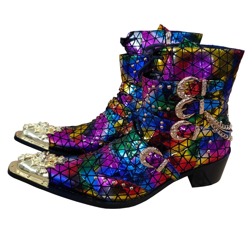 Men's Customized Cowhide Boots Spike Decoration Rivet Triangle Pattern - LiveTrendsX