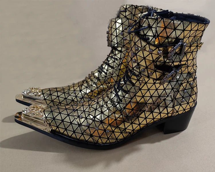 Men's Customized Cowhide Boots Spike Decoration Rivet Triangle Pattern - LiveTrendsX