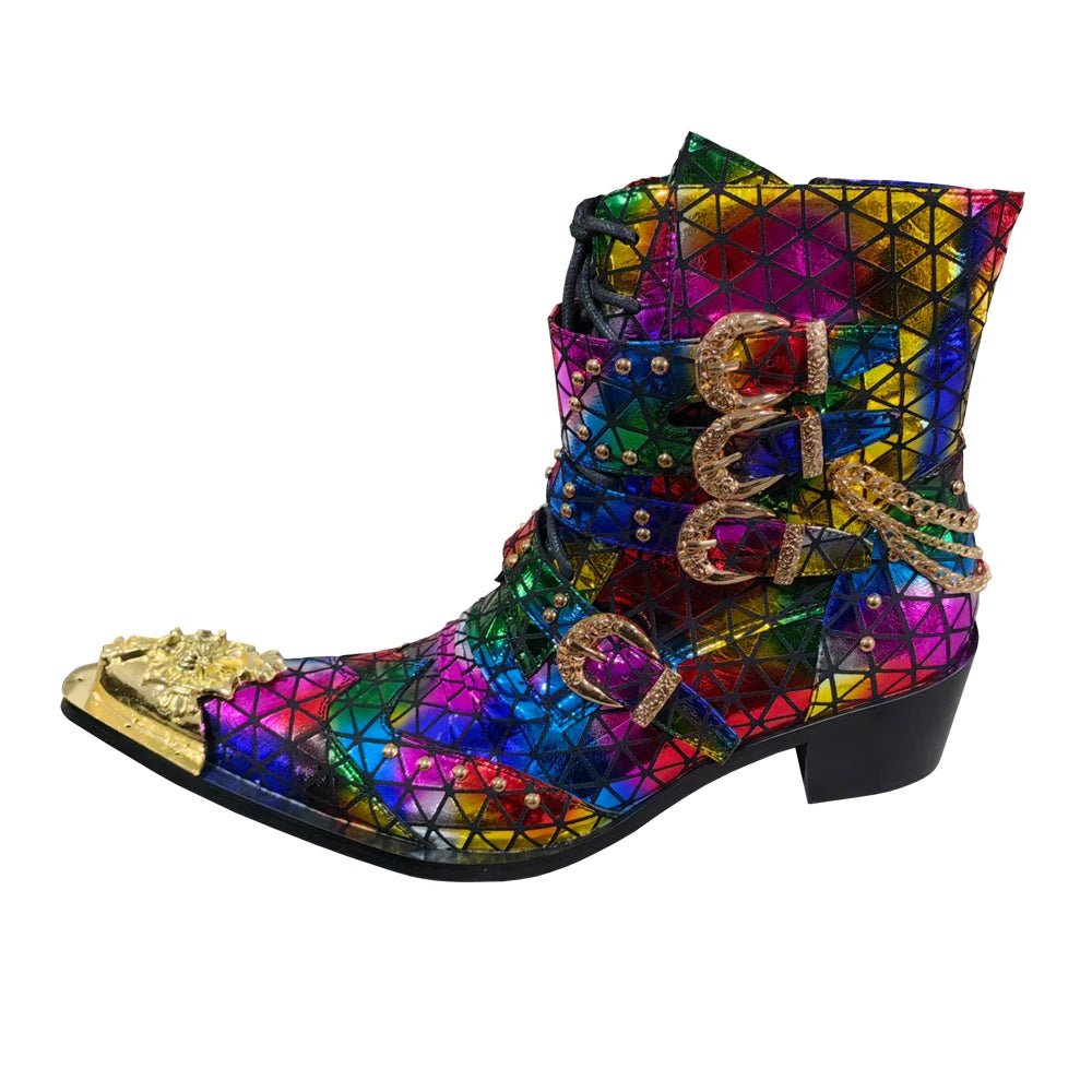Men's Customized Cowhide Boots Spike Decoration Rivet Triangle Pattern - LiveTrendsX