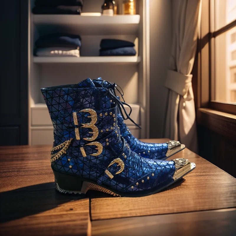 Men's Customized Cowhide Boots Spike Decoration Rivet Triangle Pattern - LiveTrendsX
