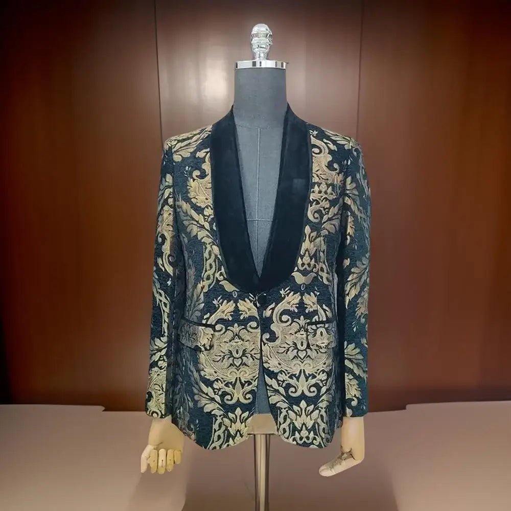Men's Deep Blue Velvet Jacket with Gold Embellished Patterns - LiveTrendsX