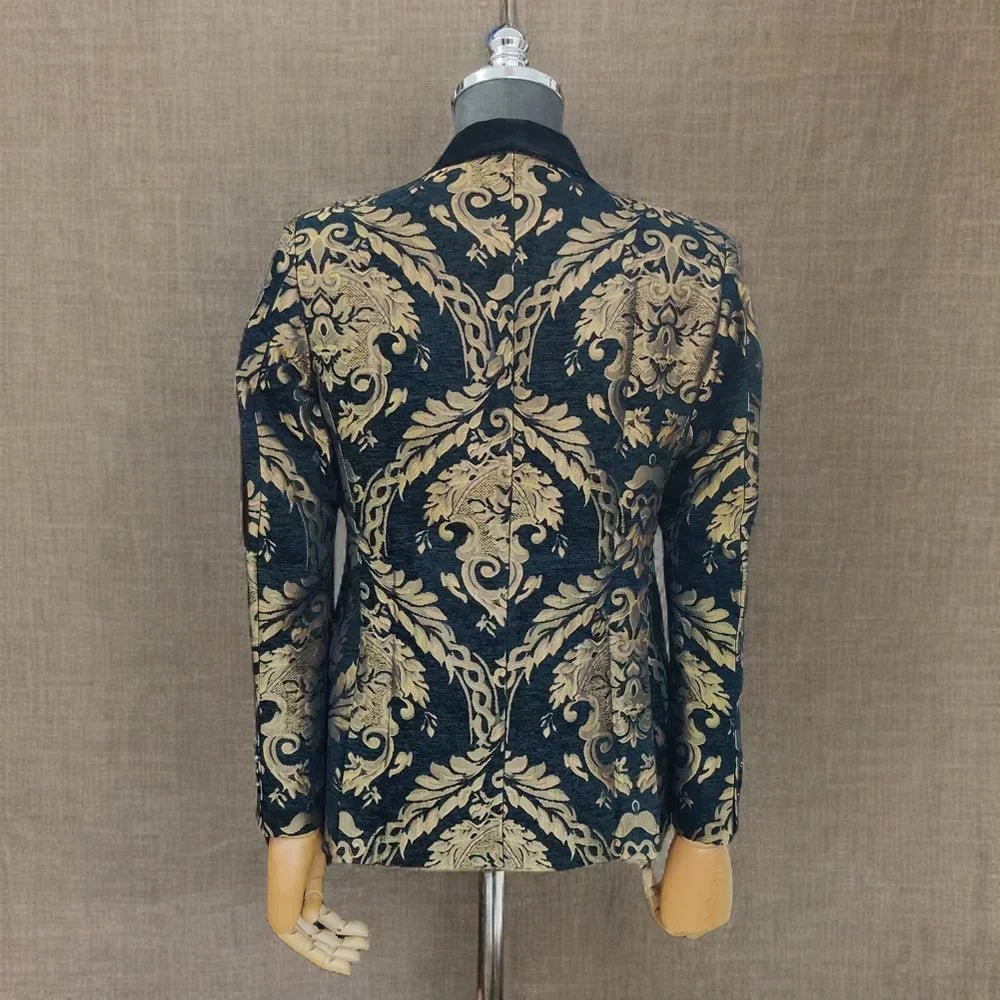 Men's Deep Blue Velvet Jacket with Gold Embellished Patterns - LiveTrendsX