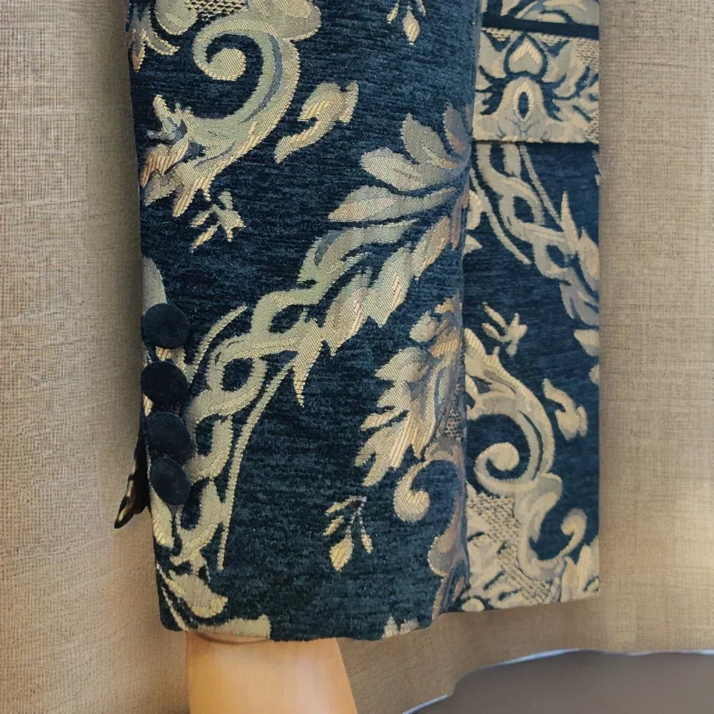 Men's Deep Blue Velvet Jacket with Gold Embellished Patterns - LiveTrendsX