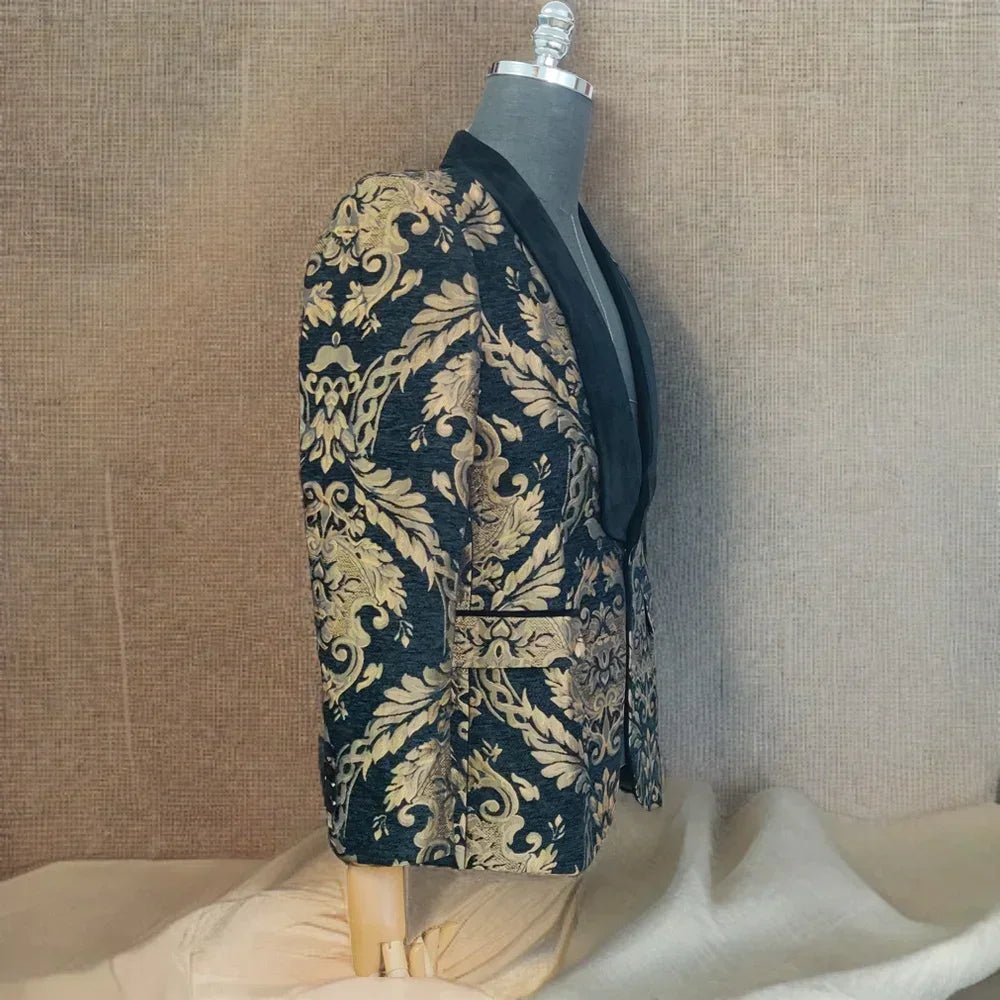 Men's Deep Blue Velvet Jacket with Gold Embellished Patterns - LiveTrendsX