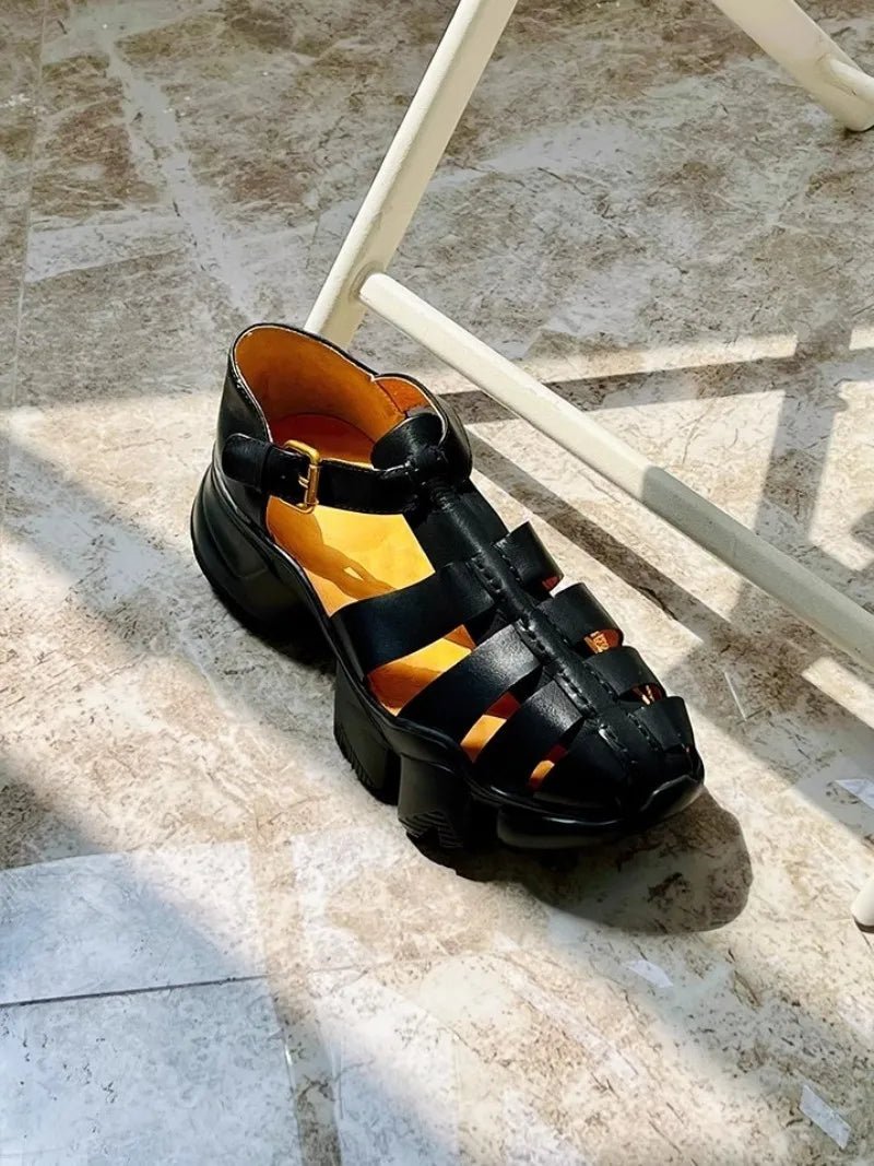 Men's Genuine Leather Gladiator Sandals with Buckle Strap and Thick Bottom - LiveTrendsX