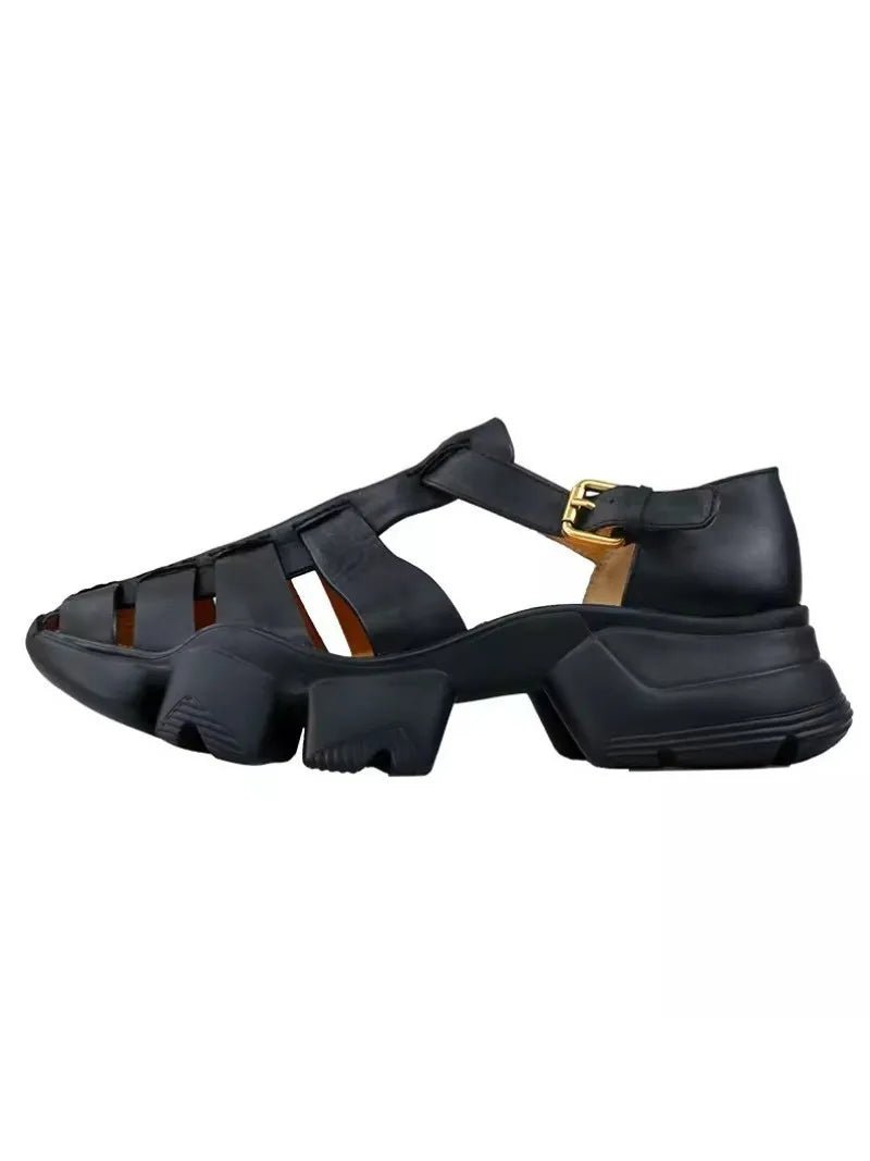 Men's Genuine Leather Gladiator Sandals with Buckle Strap and Thick Bottom - LiveTrendsX