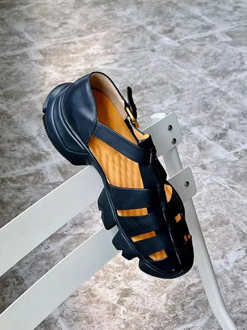 Men's Genuine Leather Gladiator Sandals with Buckle Strap and Thick Bottom - LiveTrendsX