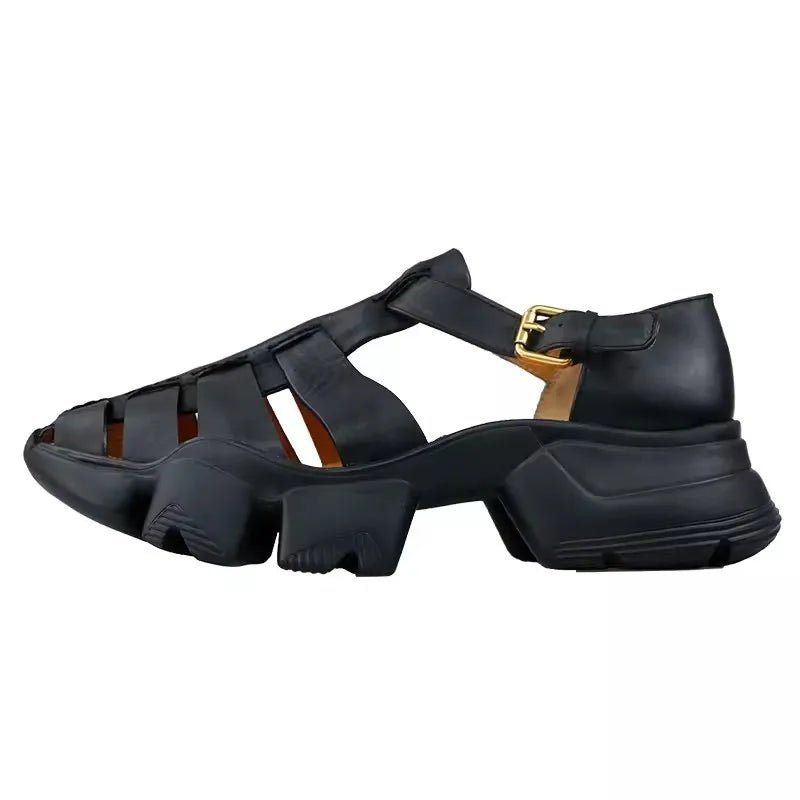 Men's Genuine Leather Gladiator Sandals with Buckle Strap and Thick Bottom - LiveTrendsX