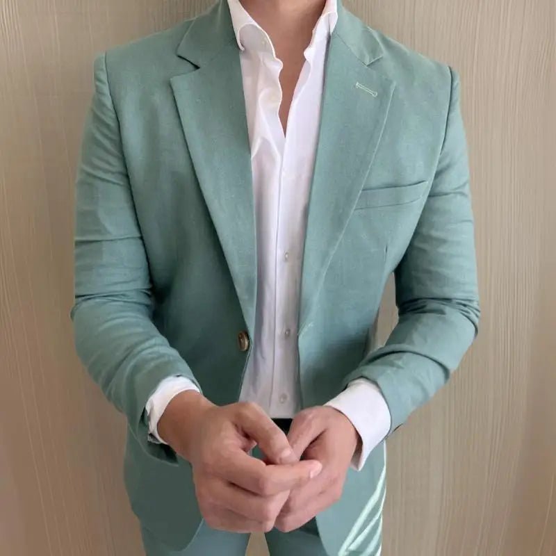 Men's Sage Green Linen Suit Slim Fit Italian Style - LiveTrendsX