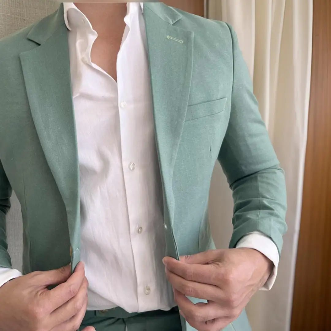 Men's Sage Green Linen Suit Slim Fit Italian Style - LiveTrendsX