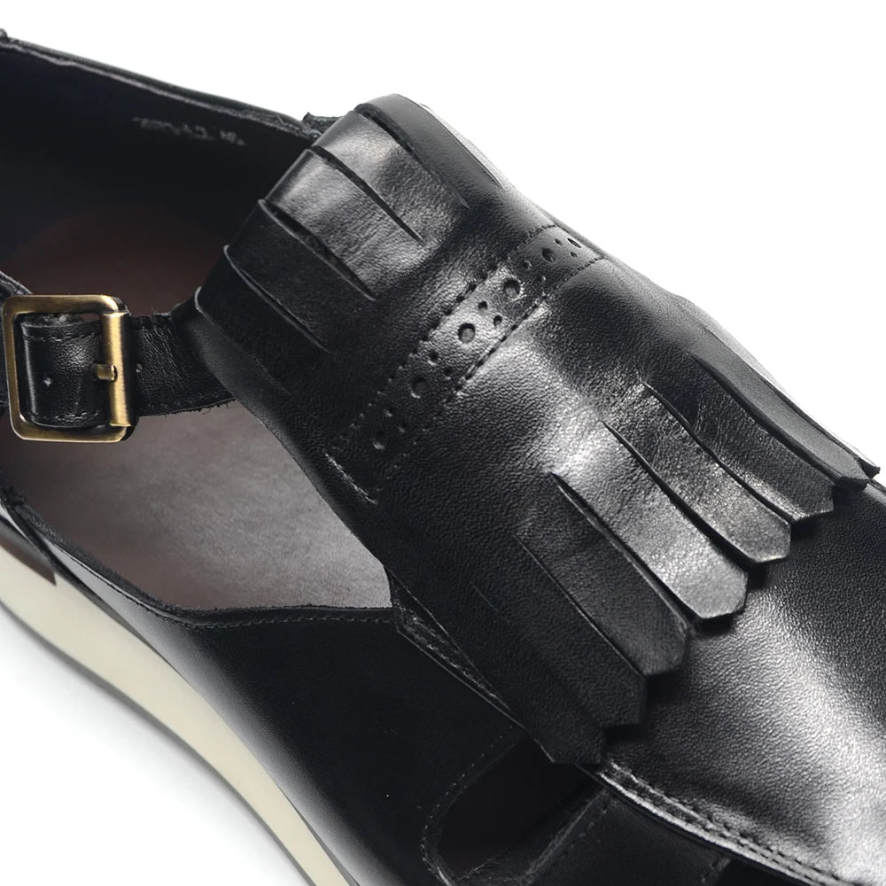Mens Tassel Sandals Genuine Leather Buckle Strap Hollow Out Summer Casual Shoes - LiveTrendsX