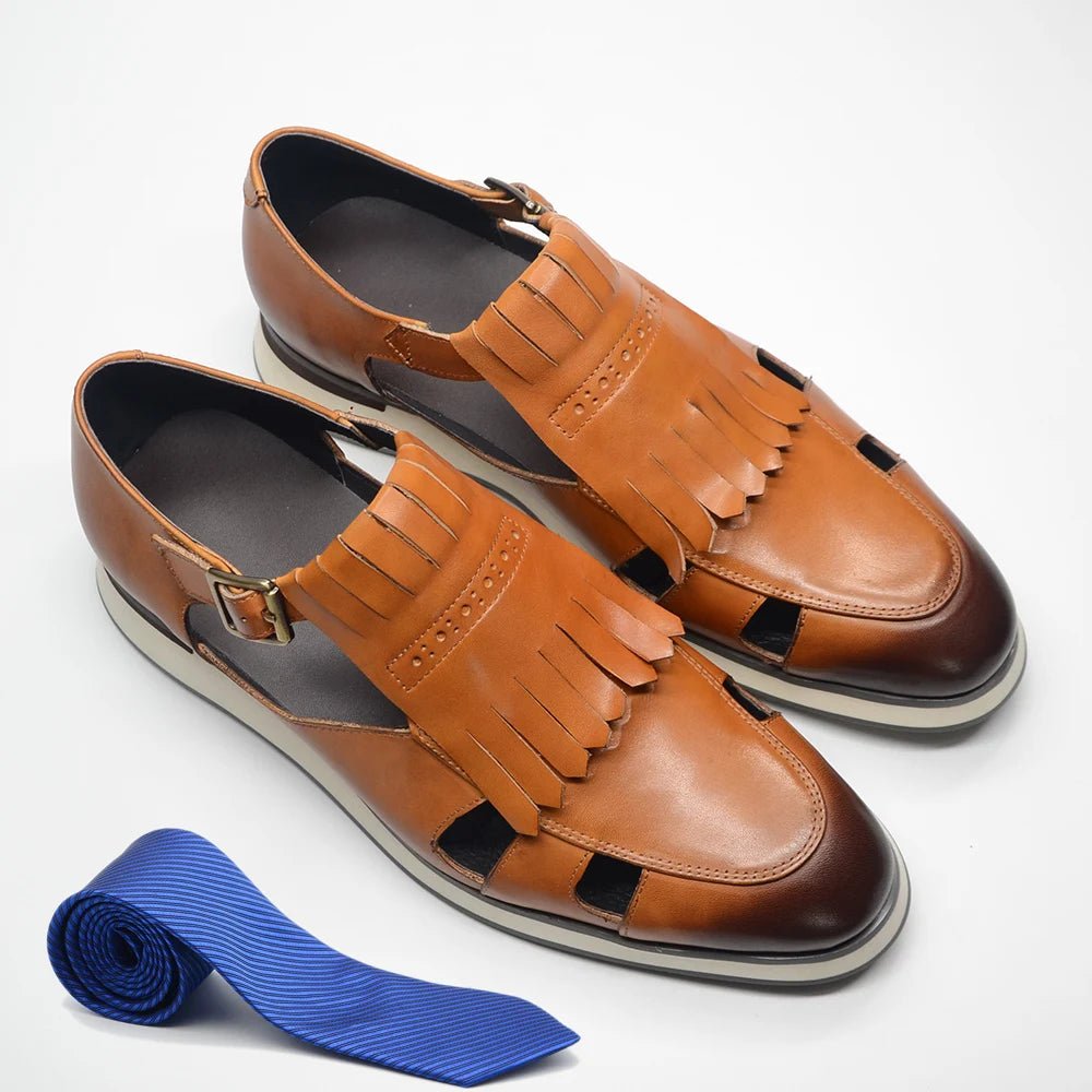 Mens Tassel Sandals Genuine Leather Buckle Strap Hollow Out Summer Casual Shoes - LiveTrendsX