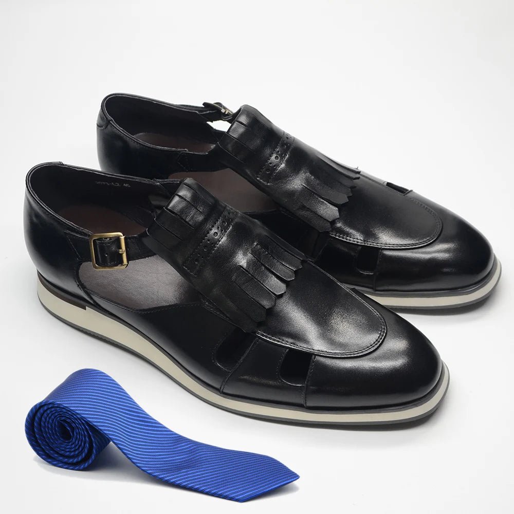 Mens Tassel Sandals Genuine Leather Buckle Strap Hollow Out Summer Casual Shoes - LiveTrendsX