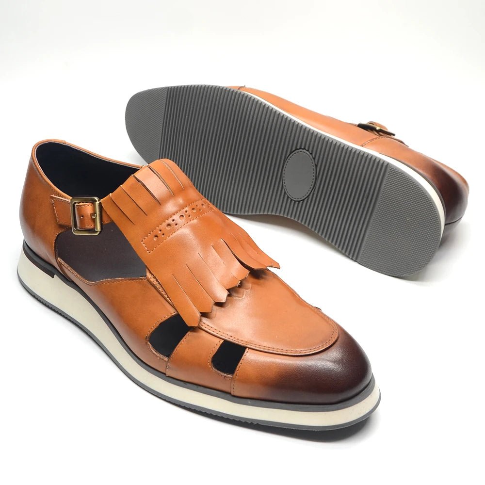 Mens Tassel Sandals Genuine Leather Buckle Strap Hollow Out Summer Casual Shoes - LiveTrendsX