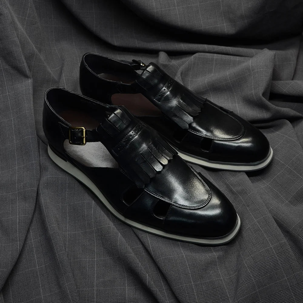 Mens Tassel Sandals Genuine Leather Buckle Strap Hollow Out Summer Casual Shoes - LiveTrendsX