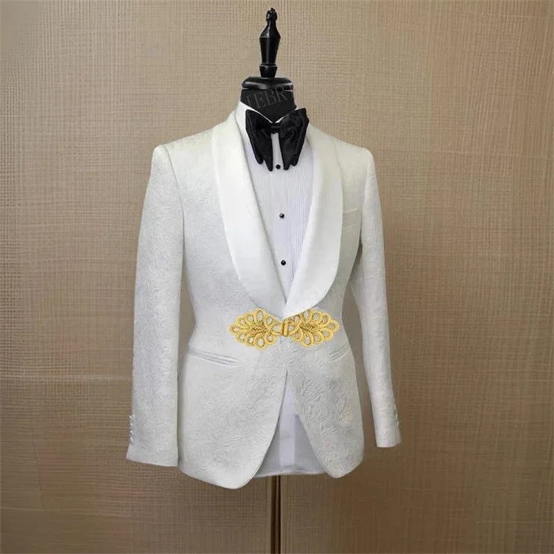 Men's White Suit with Gold Embroidered Waistband - LiveTrendsX
