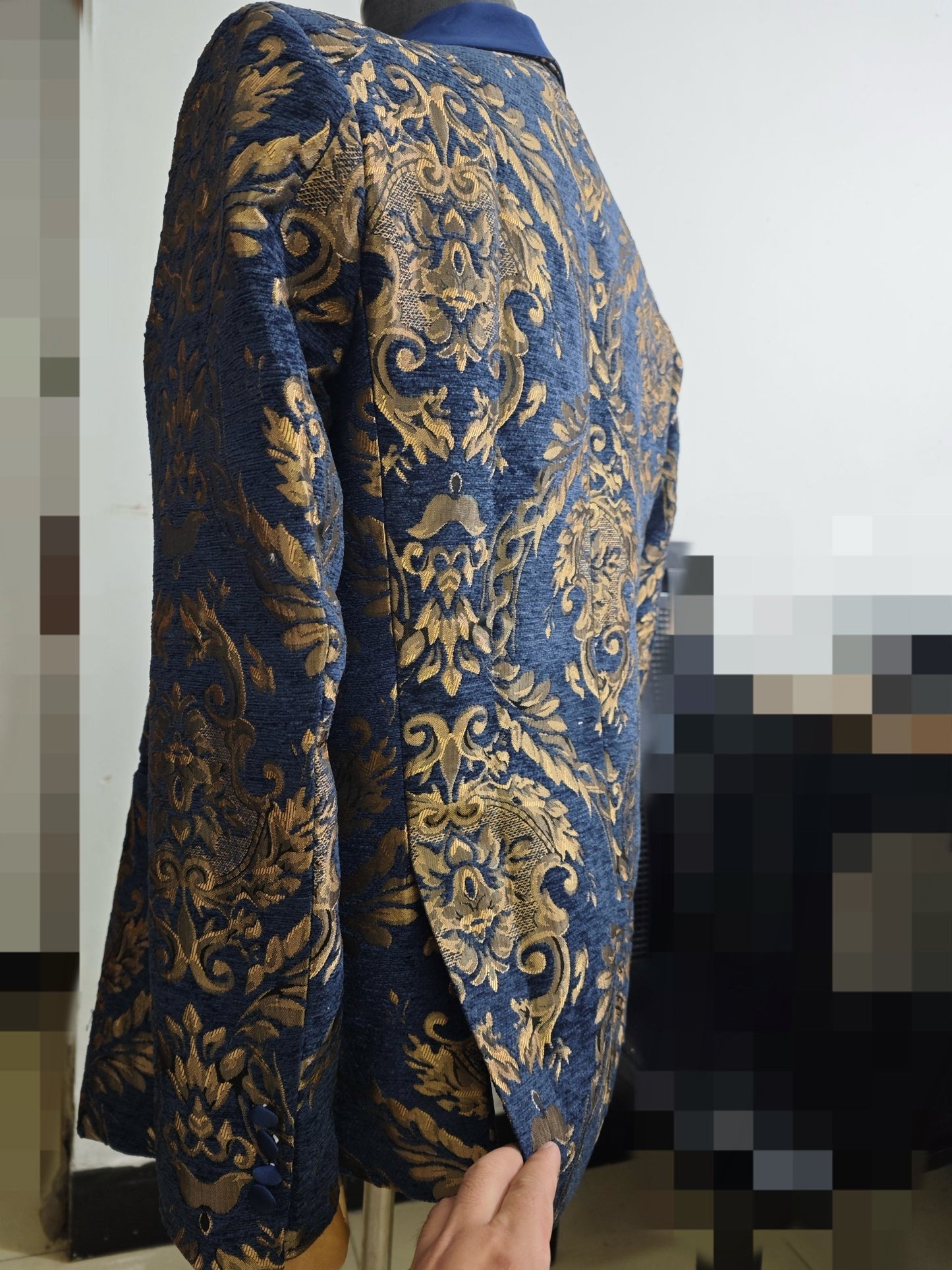 Navy Blue Floral Jacquard Prom Men Suits for Wedding - LiveTrendsX