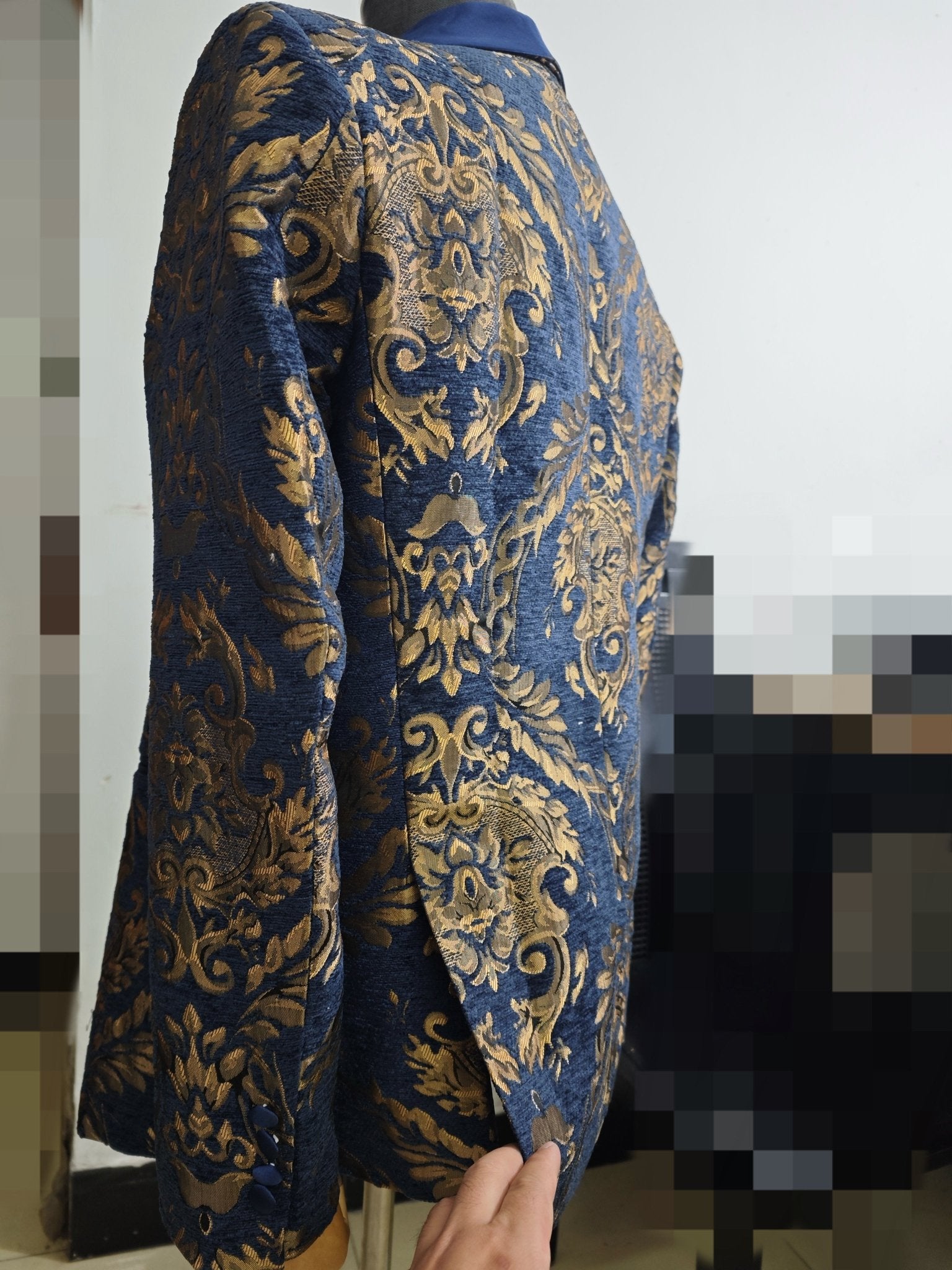 Navy Blue Floral Jacquard Prom Men Suits for Wedding - LiveTrendsX