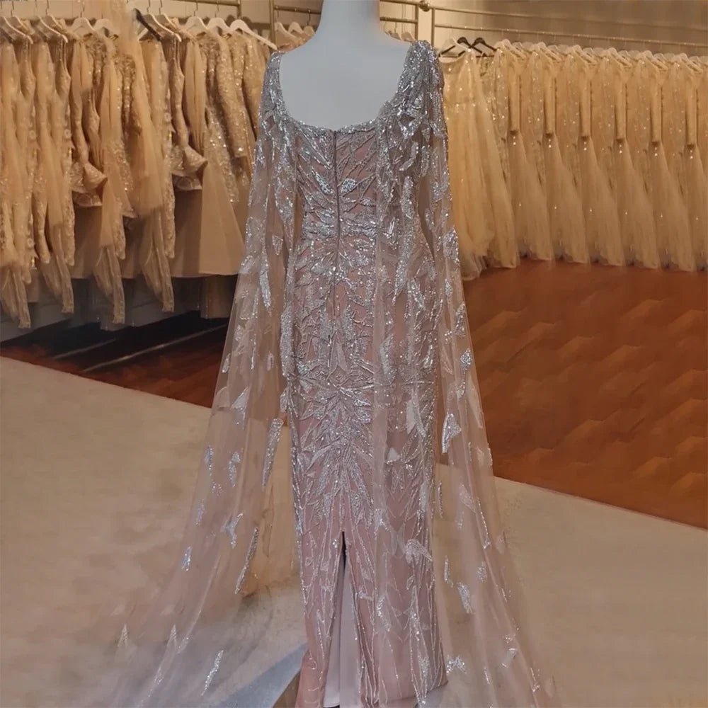 Nude Cape Sleeves Mermaid Dress with Beads for Luxury Wedding Parties - LiveTrendsX