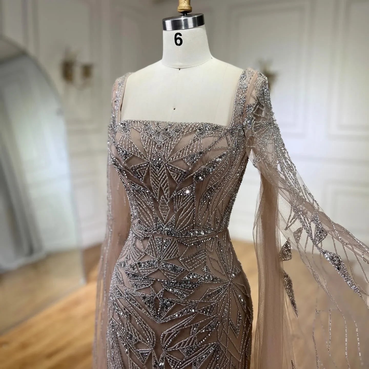 Nude Cape Sleeves Mermaid Dress with Beads for Luxury Wedding Parties - LiveTrendsX