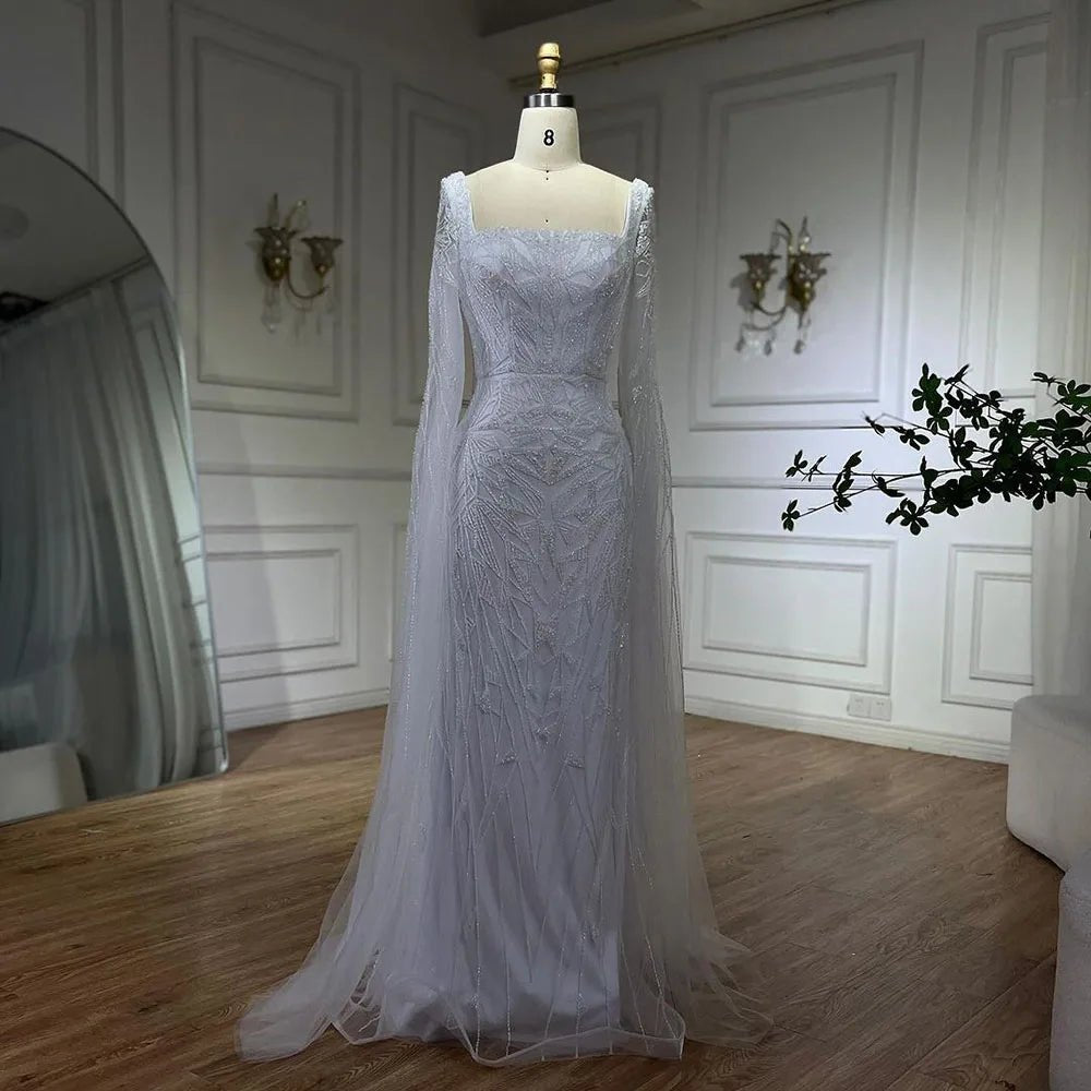 Nude Cape Sleeves Mermaid Dress with Beads for Luxury Wedding Parties - LiveTrendsX