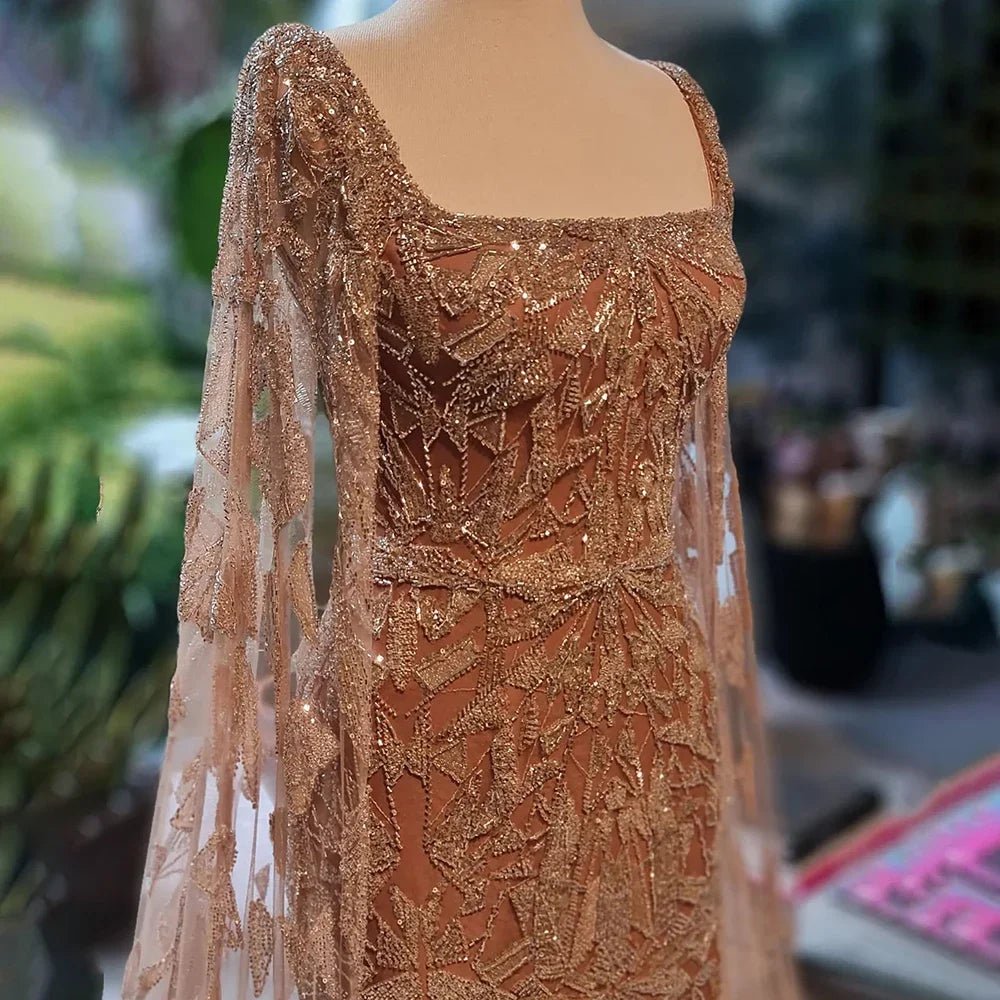 Nude Cape Sleeves Mermaid Dress with Beads for Luxury Wedding Parties - LiveTrendsX