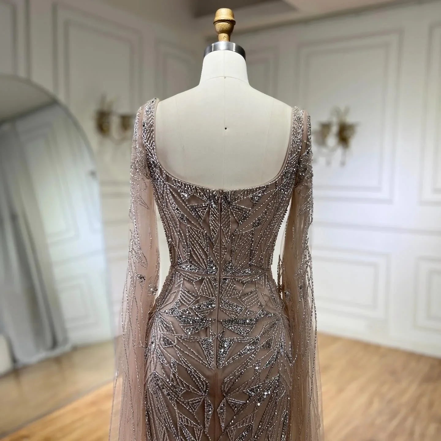 Nude Cape Sleeves Mermaid Dress with Beads for Luxury Wedding Parties - LiveTrendsX