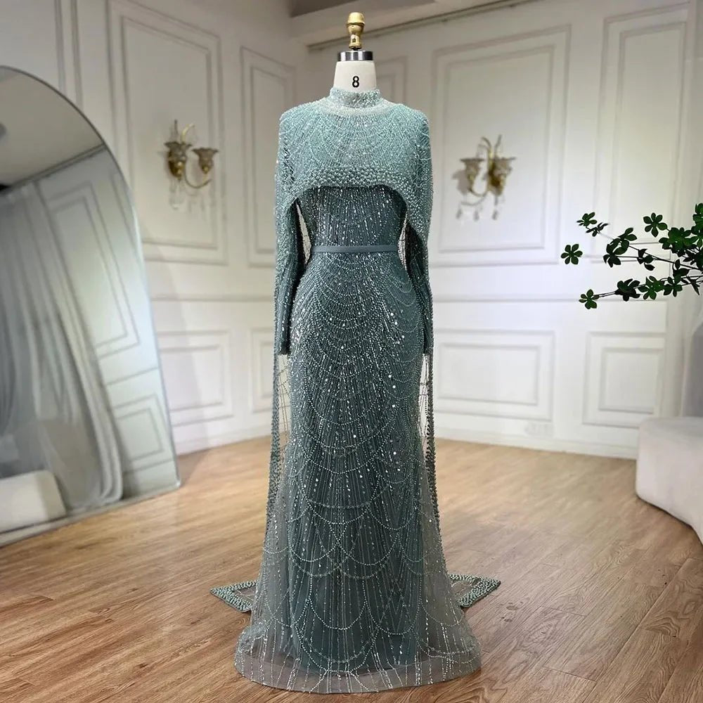 Nude Luxury Beaded Pearls Mermaid Evening Dress - LiveTrendsX