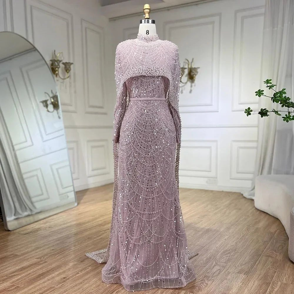 Nude Luxury Beaded Pearls Mermaid Evening Dress - LiveTrendsX